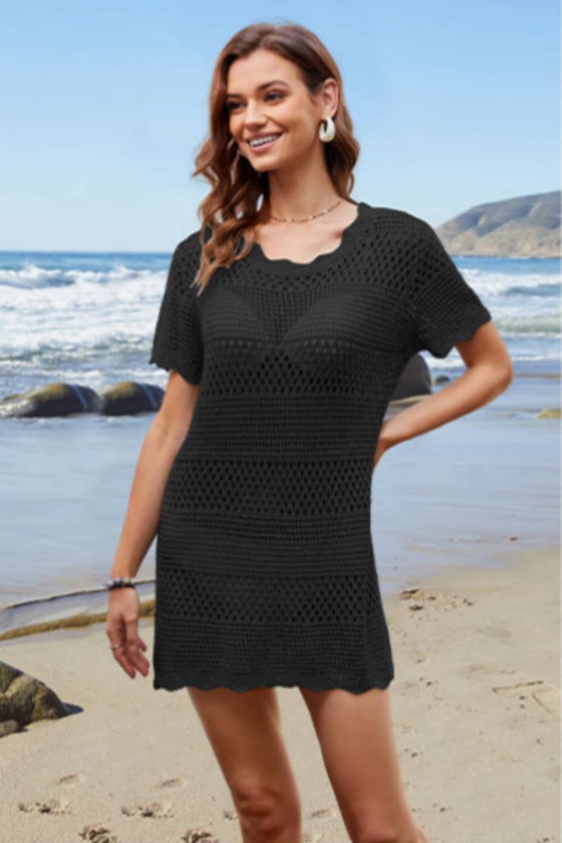 CWDSD4610_CROCHET HOLLOWED-OUT SMOCK KNIT DRESS SHORT
