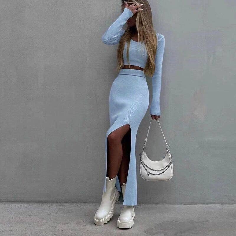 Slit long skirt T-shirt solid color skirt set