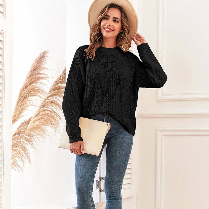 SOLID COLOR CREW NECK TWIST PULLOVER SWEATER