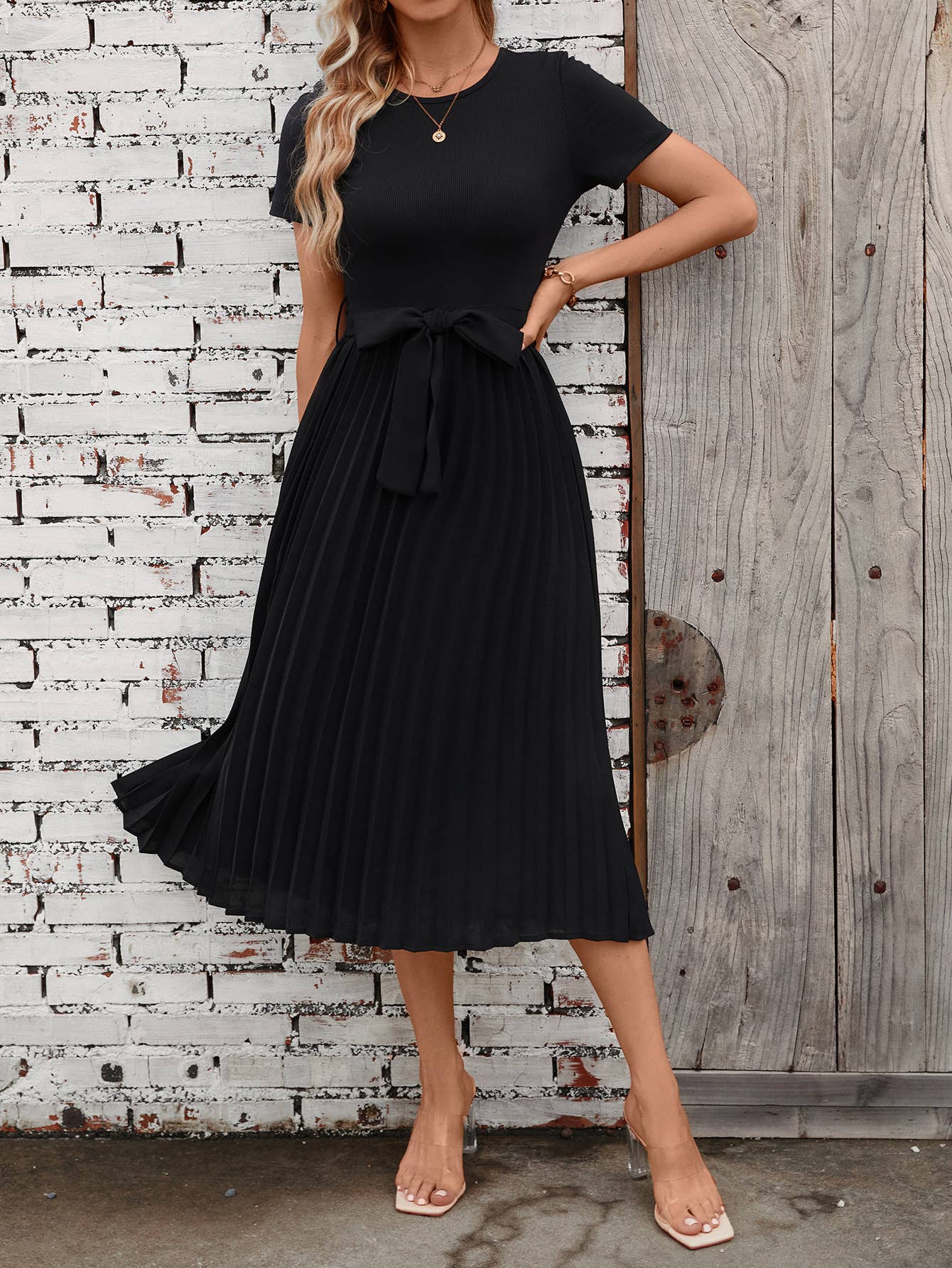 KNIT PATCHWORK PLEATED HEM DRESS