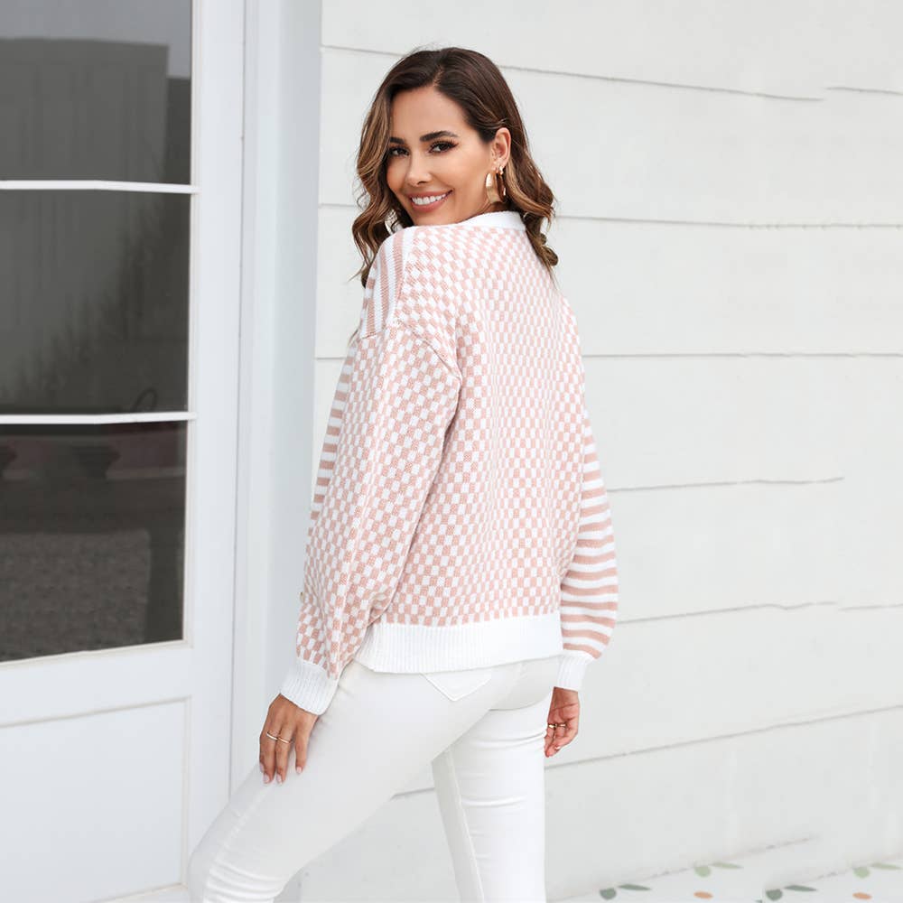 KNITTED PLAID PATCHWORK STRIPED CARDIGAN COAT