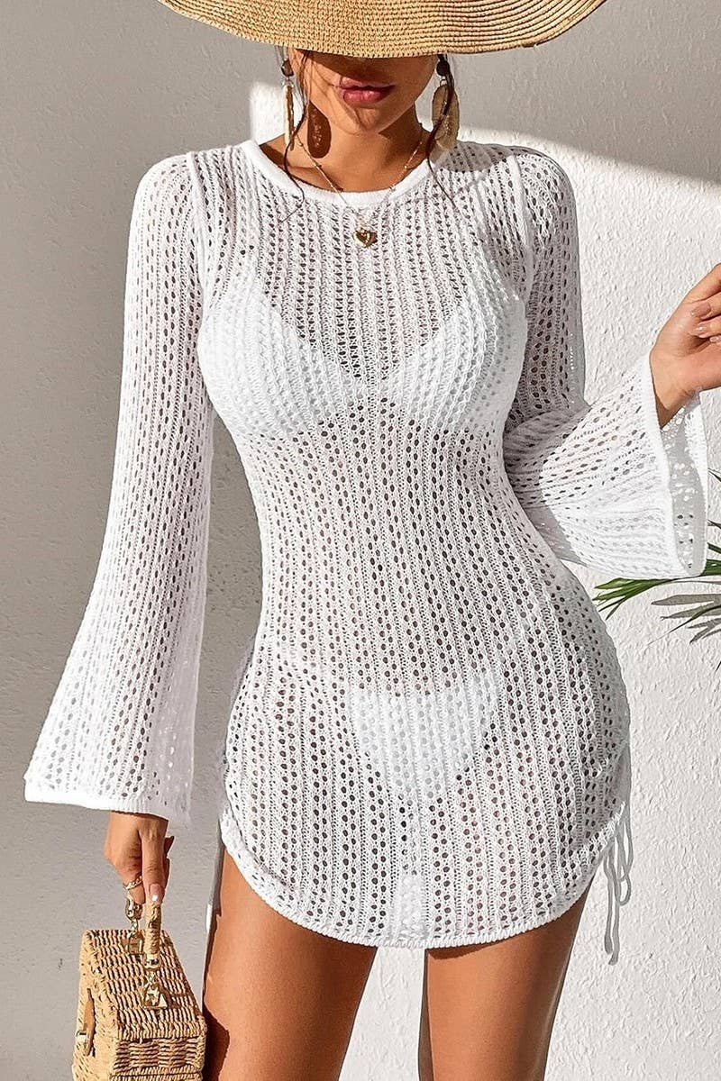 CWDSD6776_DRAWSTRING MID-WAIST CREW NECK LONG SLEEVE DRESS