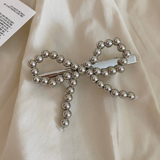 Silver pearl bow hair clip duck beak clip