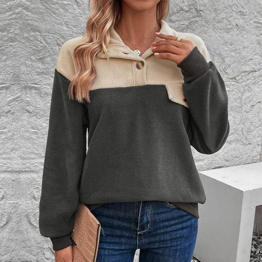 LONG SLEEVE LAPEL FLEECE SPLICED HOODIE