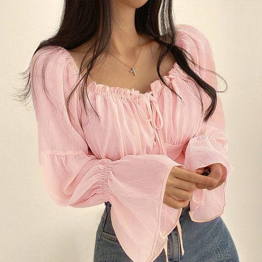 Solid color Korean-style flared sleeves shirt