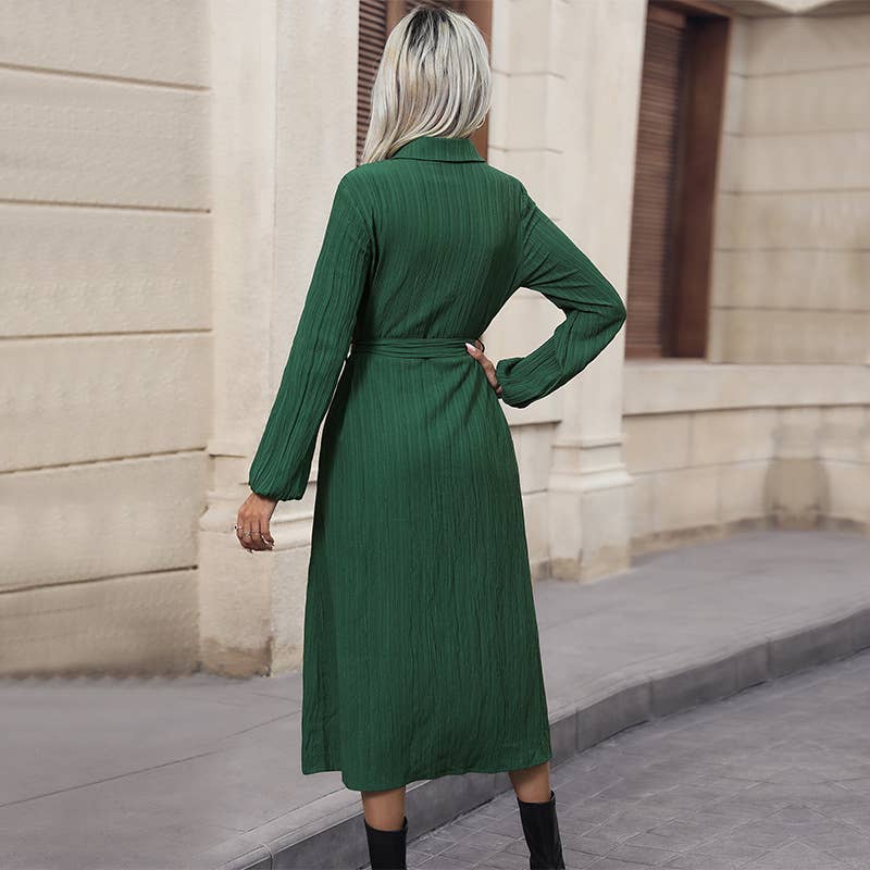 LONG-SLEEVED PLEATED LAPEL SHIRT DRESS