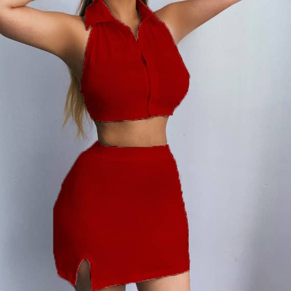 Lace-up POLO collar exposed waist short skirt set