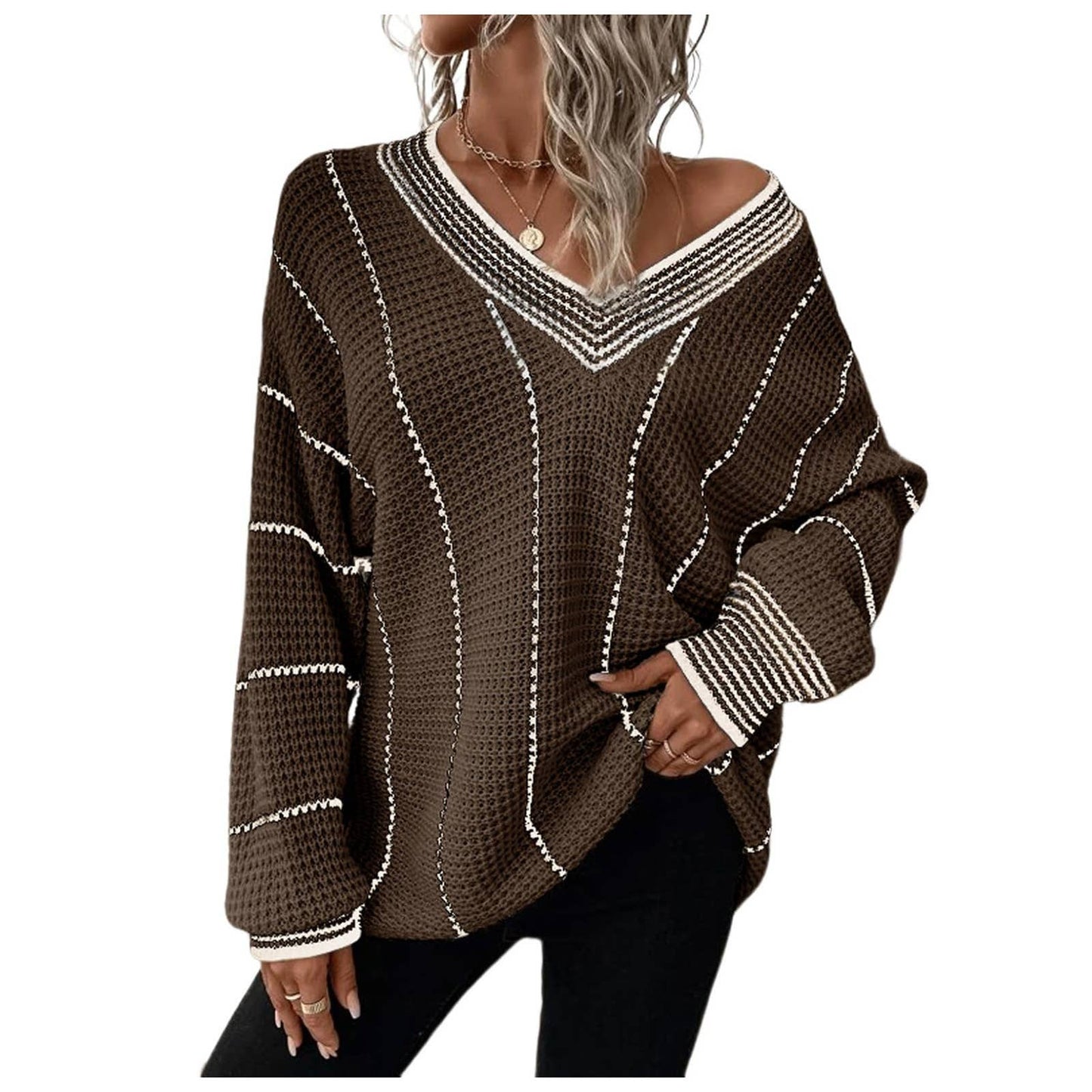 KNITTED V-NECK STRIPED PULLOVER SWEATER