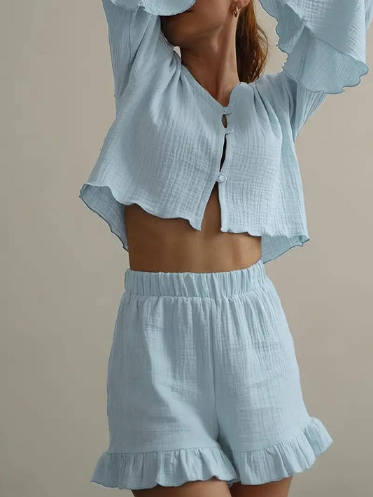 Loose ruffled thin long-sleeved and short suit