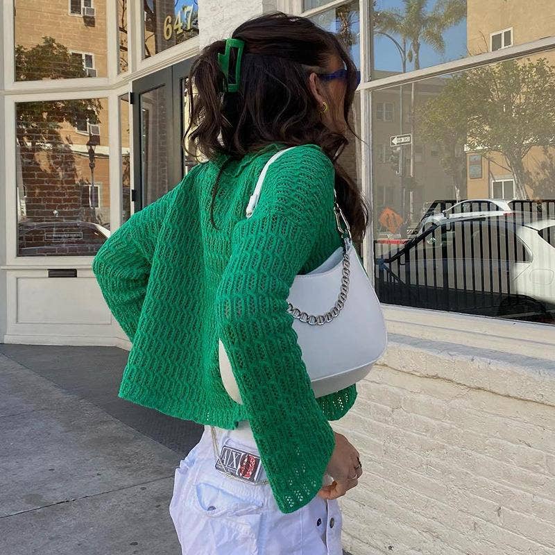 LAPEL HOLLOWED OUT SOLID COLOR BUTTON CARDIGAN