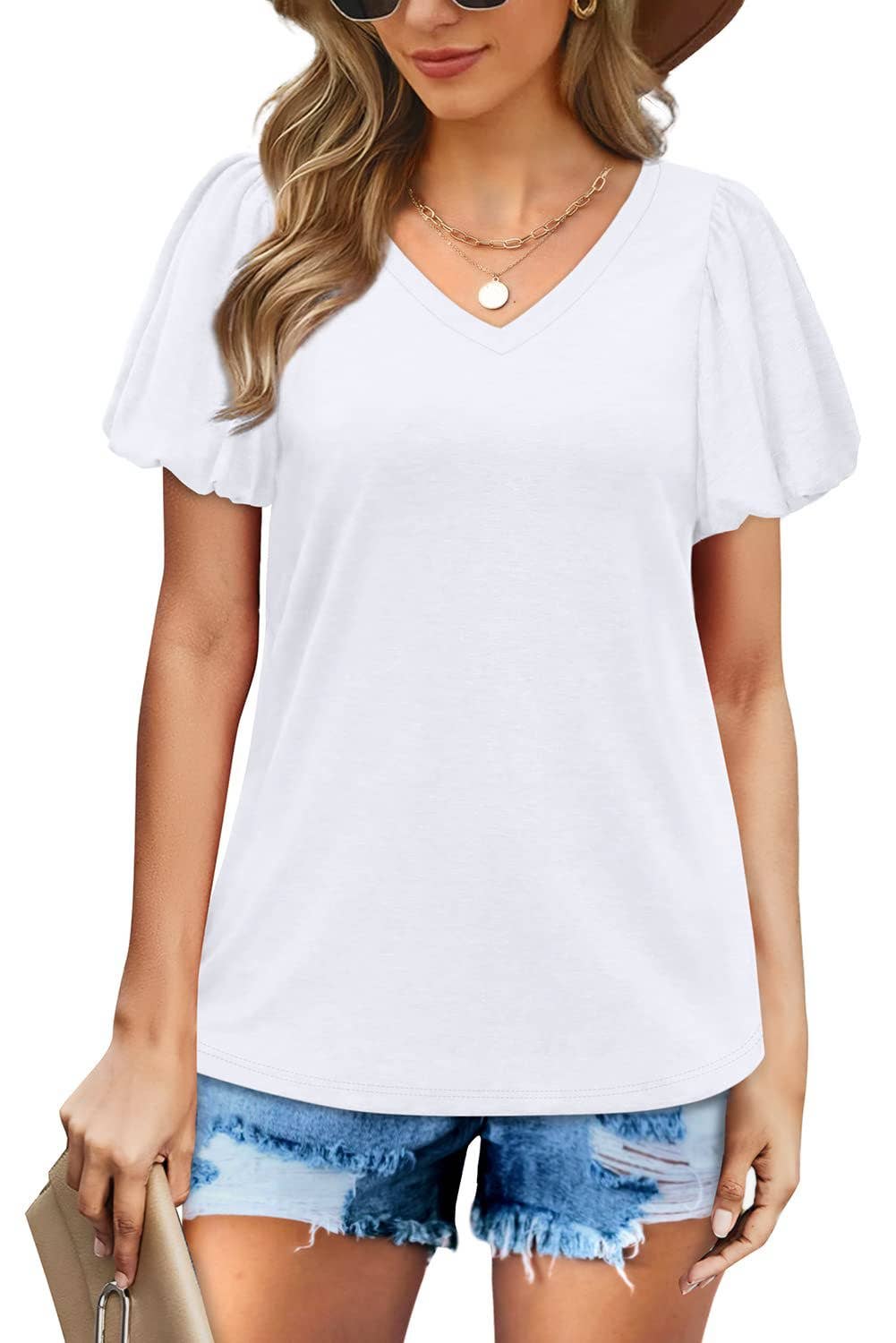 V-NECK LANTERN SLEEVE SOLID SHORT-SLEEVED TOP