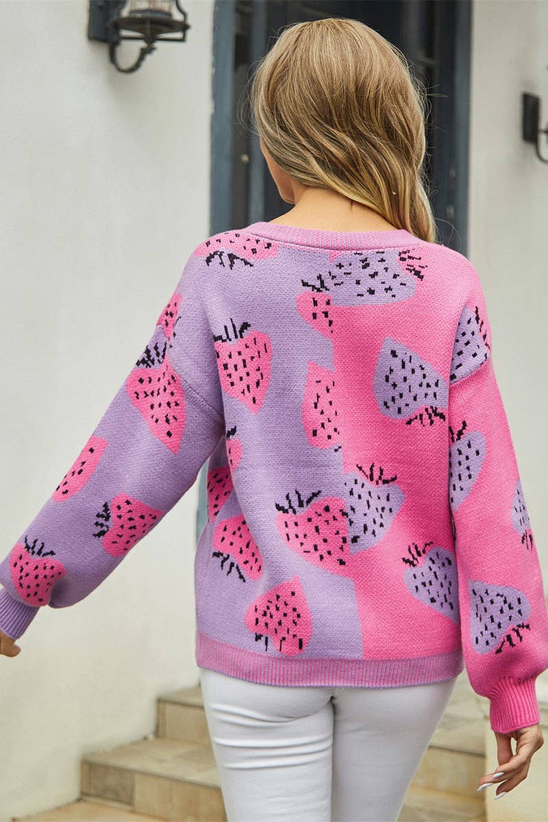 CWOCAL0932_V-NECK BUTTONED STRAWBERRY CARDIGAN KNITTED