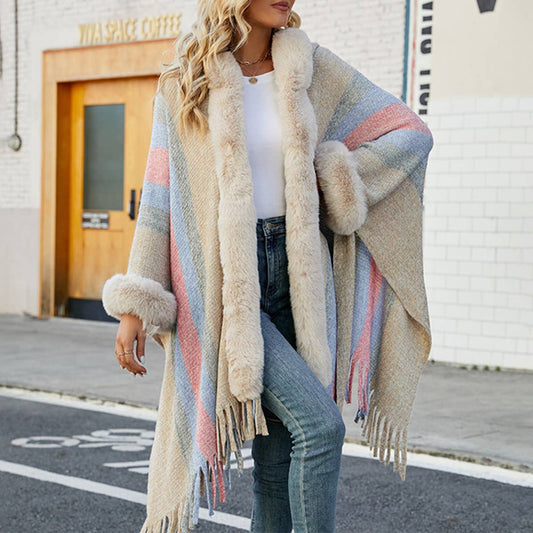 WOMEN'S HOODED CAPE STRIPED KNITTED FRINGE SHAWL