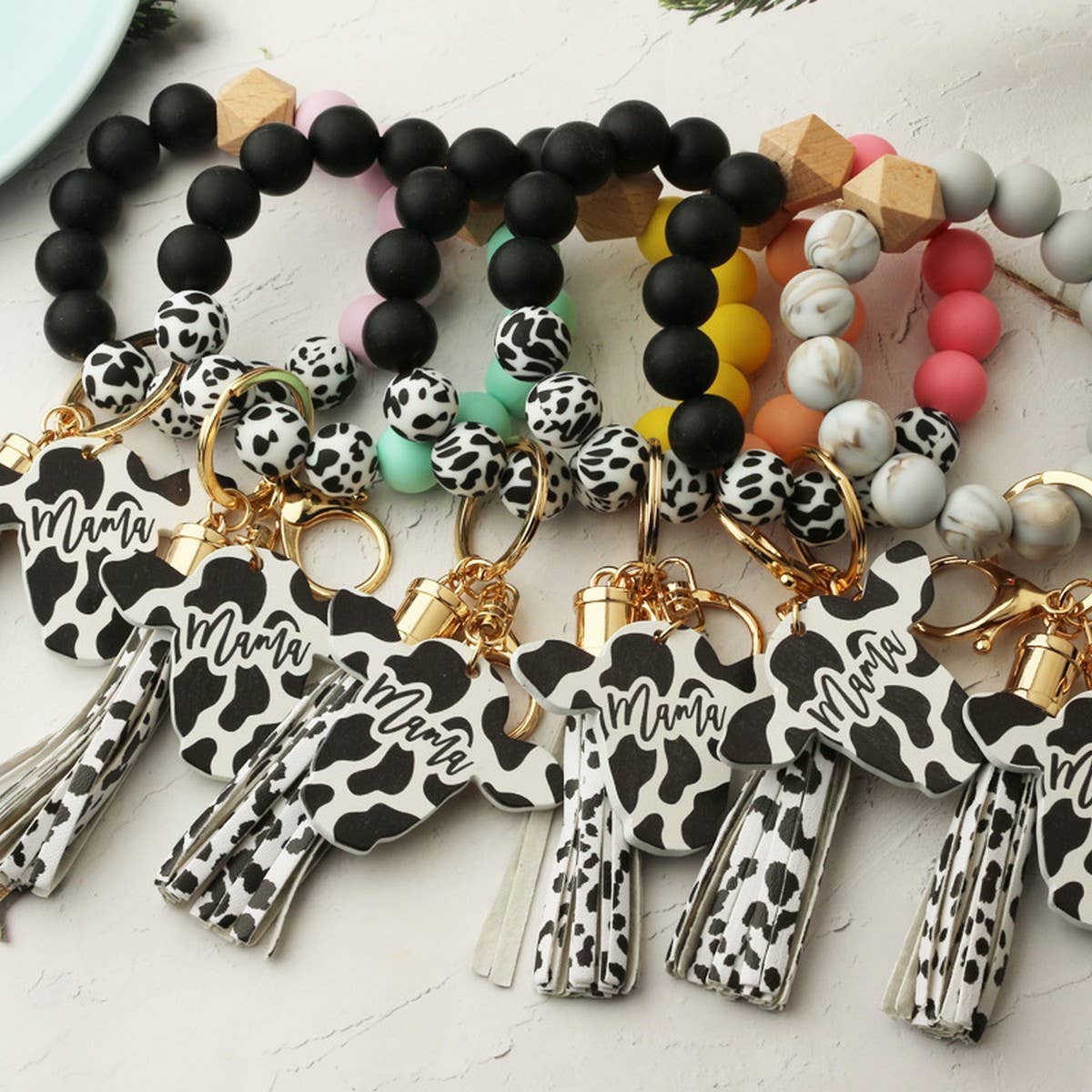 Western Bull Head Keychain Silicone Bead Bracelet_CWAB5027