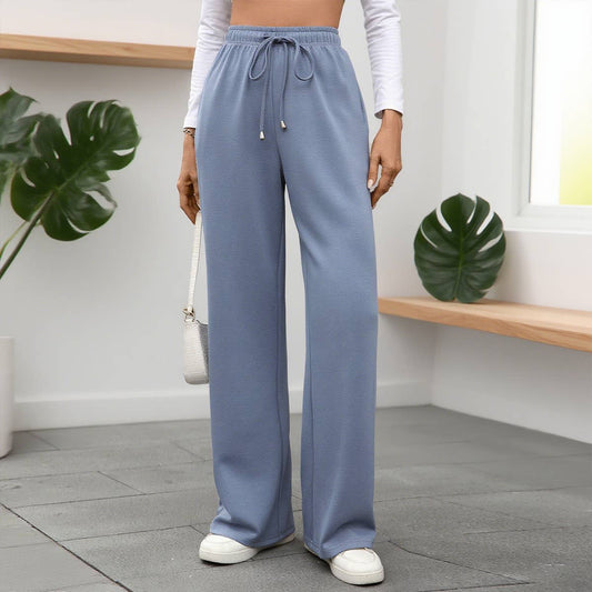 Solid color stretch waist loose straight pants