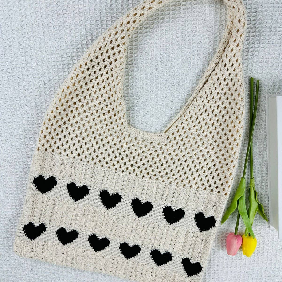 CWAB5068_HEART PATTERN WOVEN BAG LARGE CAPACITY TOTE BAG
