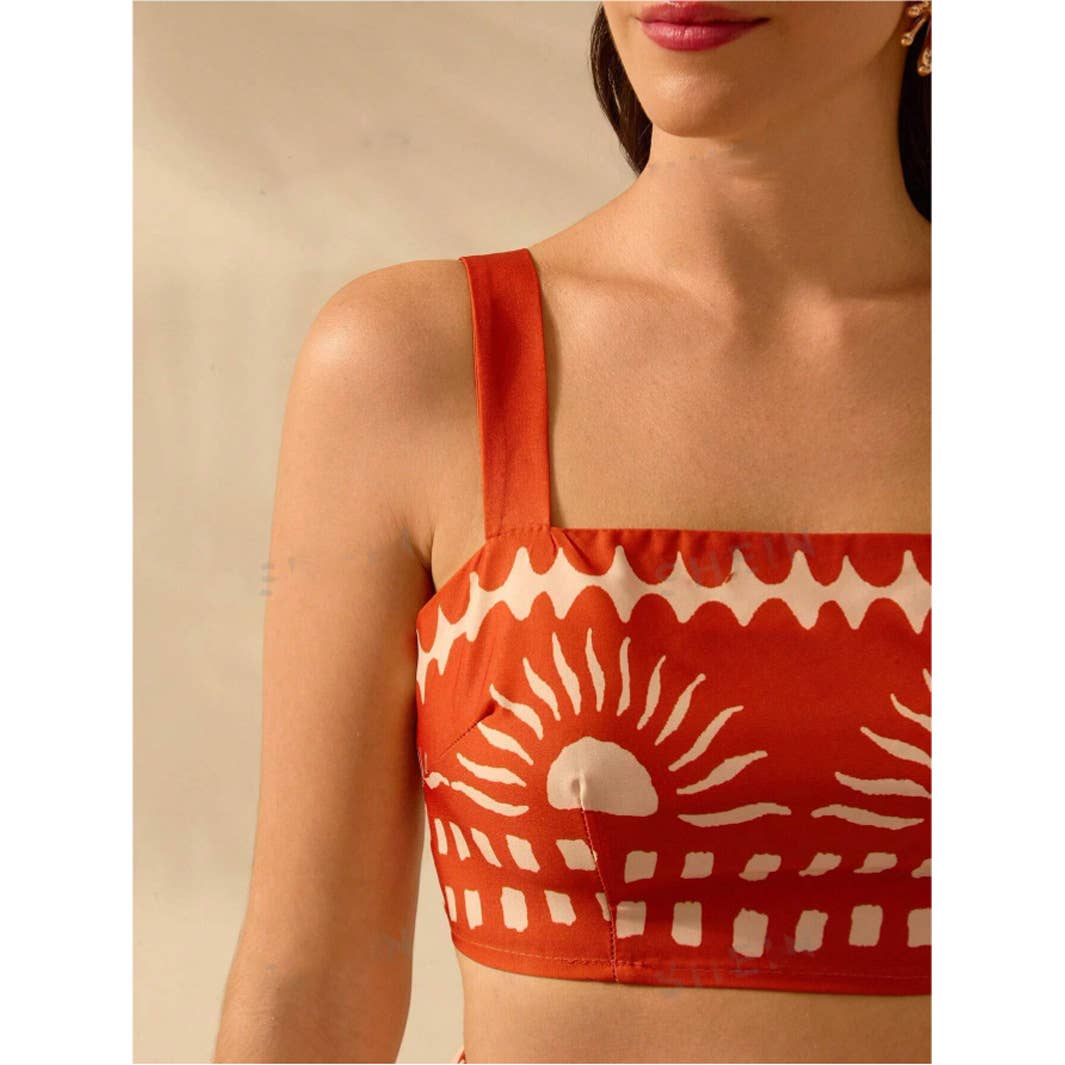 Printed short strappy top and long dress suit