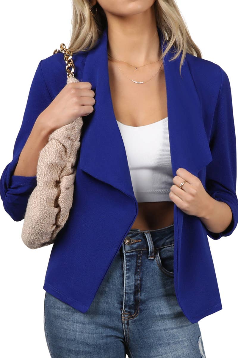 CWOBL091_Casual Work Ruched 3/4 Slv Open Front Blazer Jacket