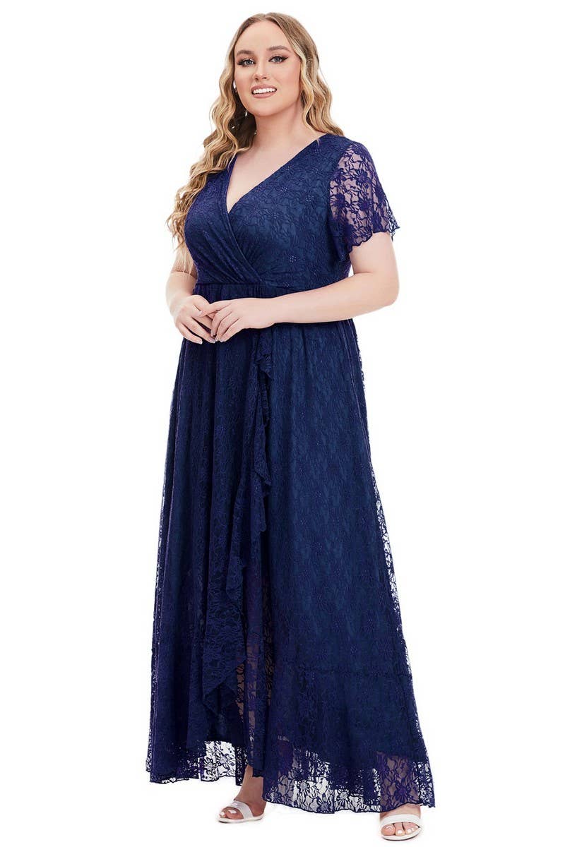CWDMD3206_PLUS SIZE V-NECK LACE LONG EVENING DRESS