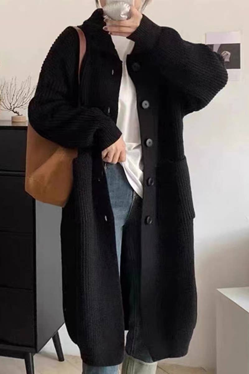 Single-breasted solid-color mid-length cardigan