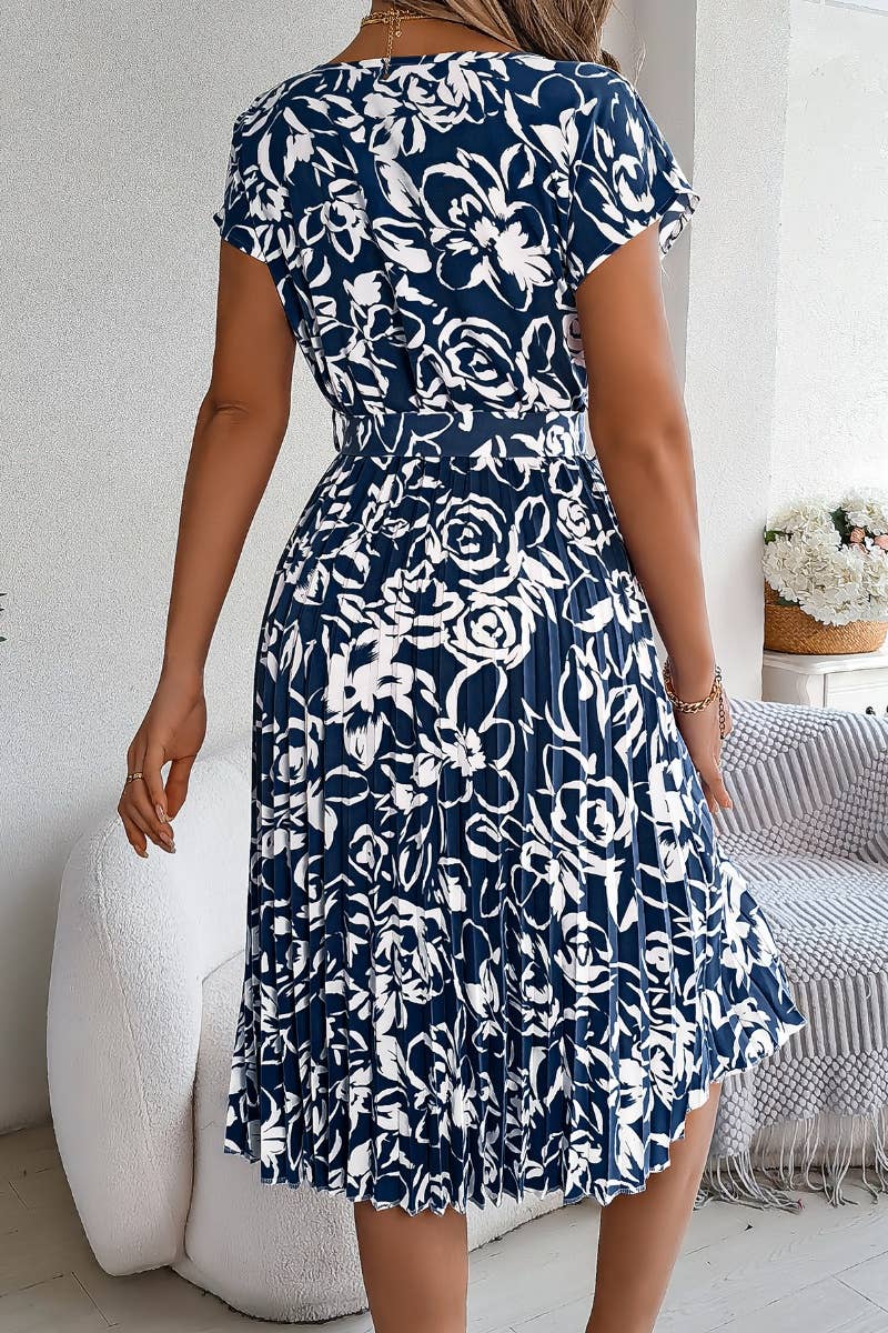 CWDMD2665_SUMMER FLOWER SHORT SLEEVE PLEATED DRESS