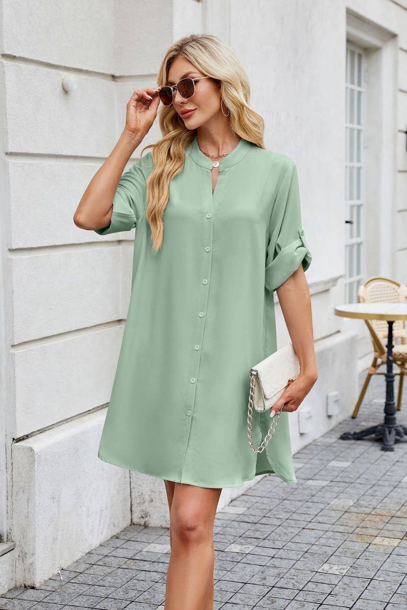 CWDSD7290_SOLID COLOR V NECK BUTTON SHIRT DRESS