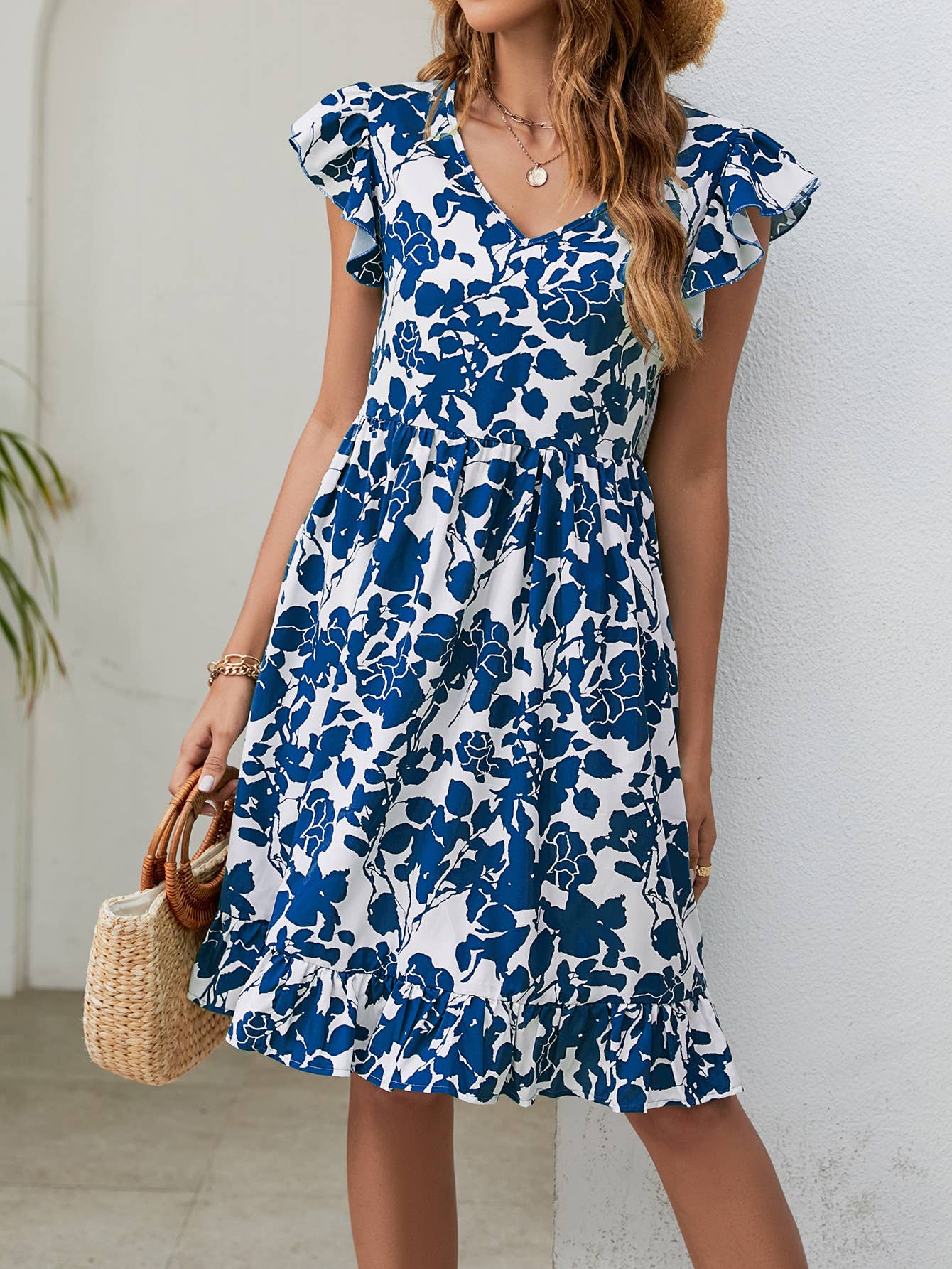 Leaf print dress V-neck casual holiday dress