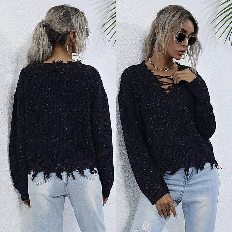 SOLID COLOR CASUAL CUT EDGE LOOSE V-NECK SWEATER