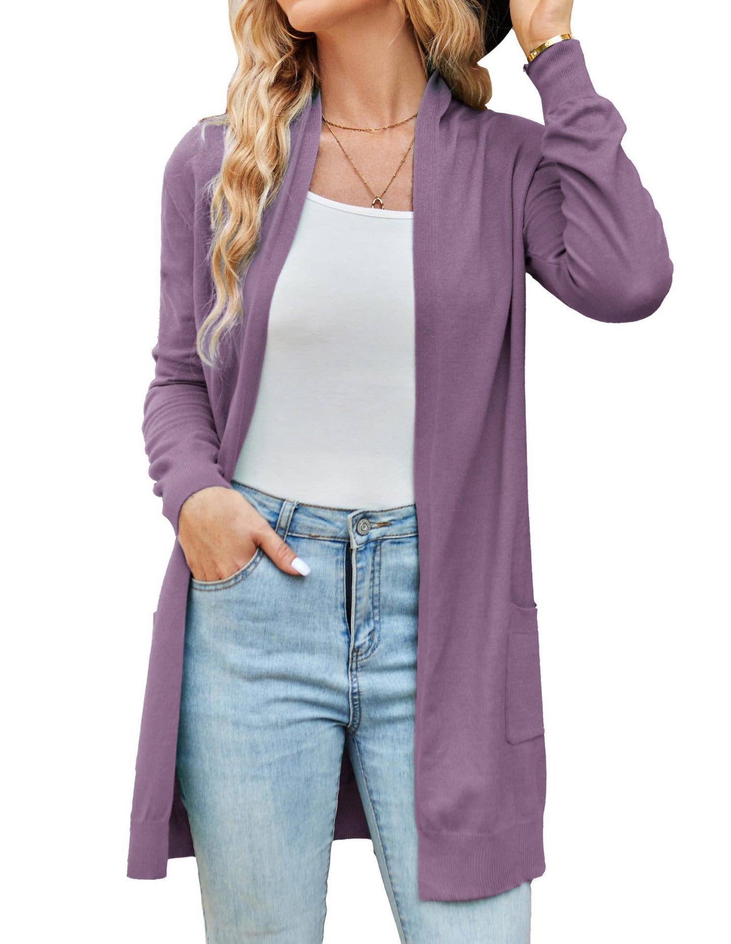 SIMPLE LONG CARDIGAN WITH POCKET IN SOLID COLOR