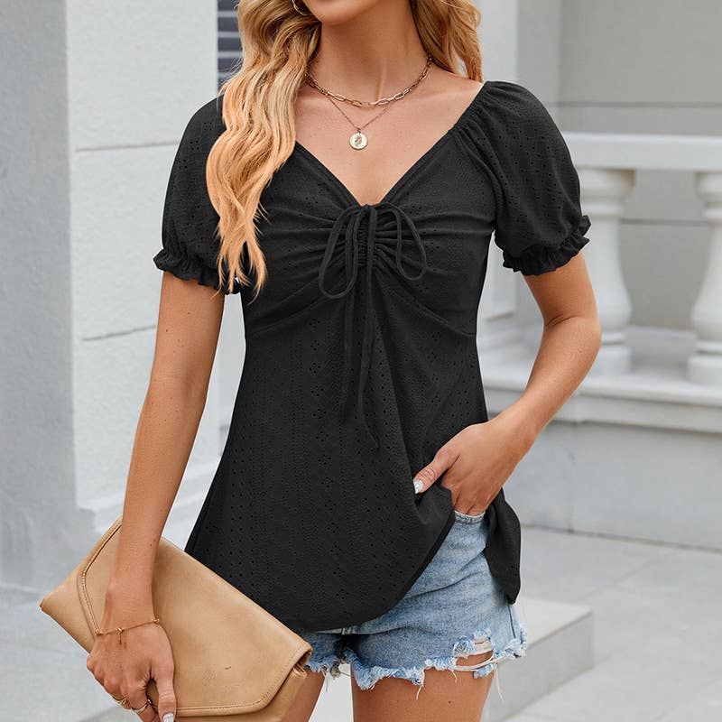 Solid color drawstring V-neck casual T-shirt
