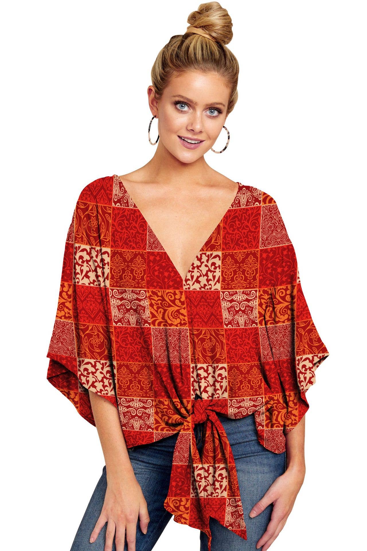 V-neck knotted printed loose sleeved top