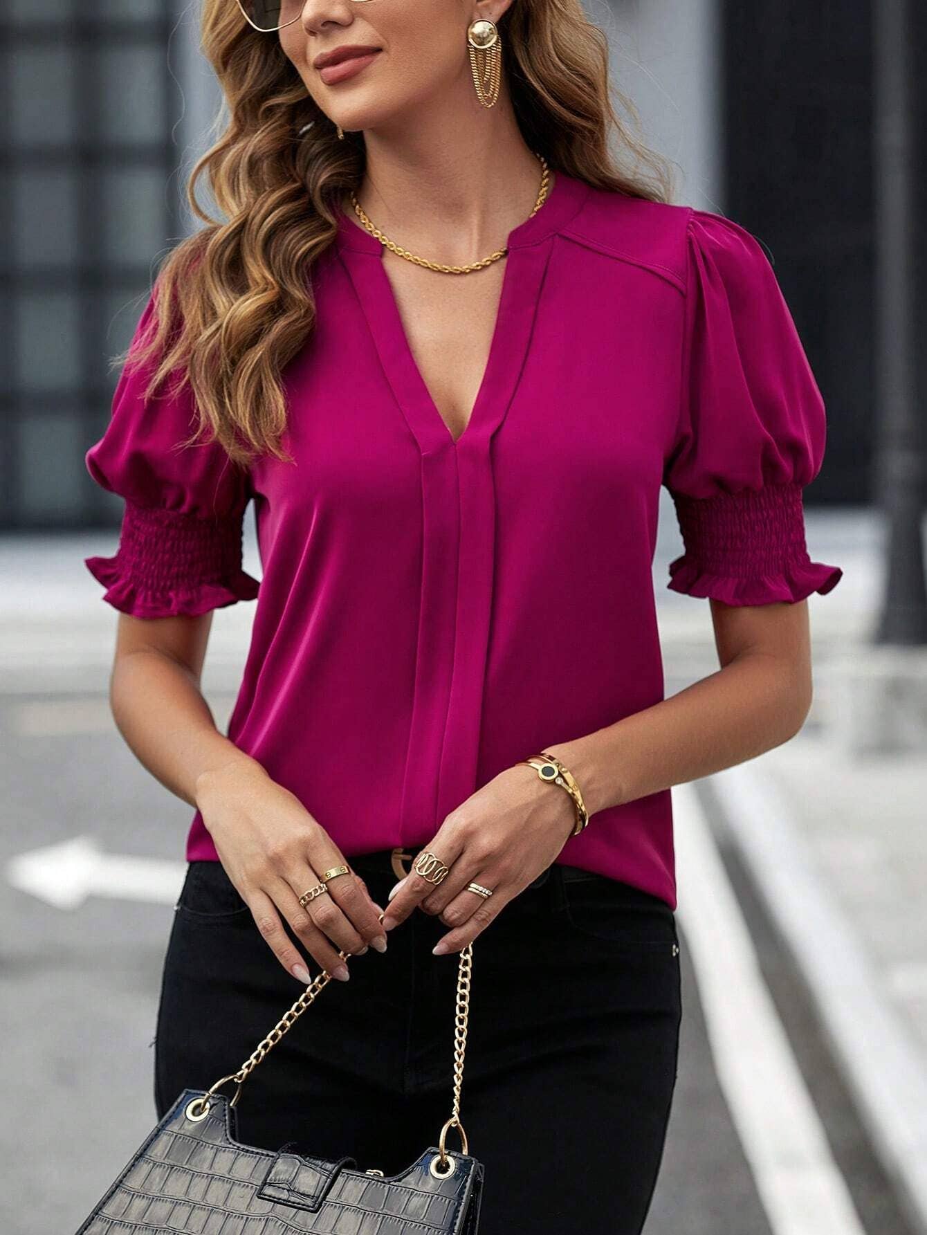 V-neck temperament puffy sleeve loose shirt