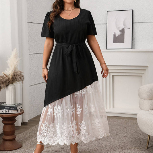 French Lace Panel Tie Waist Loose Dress