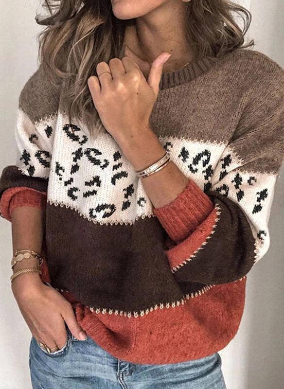 LEOPARD PRINT PATCHWORK FASHION KNIT PULLOVER