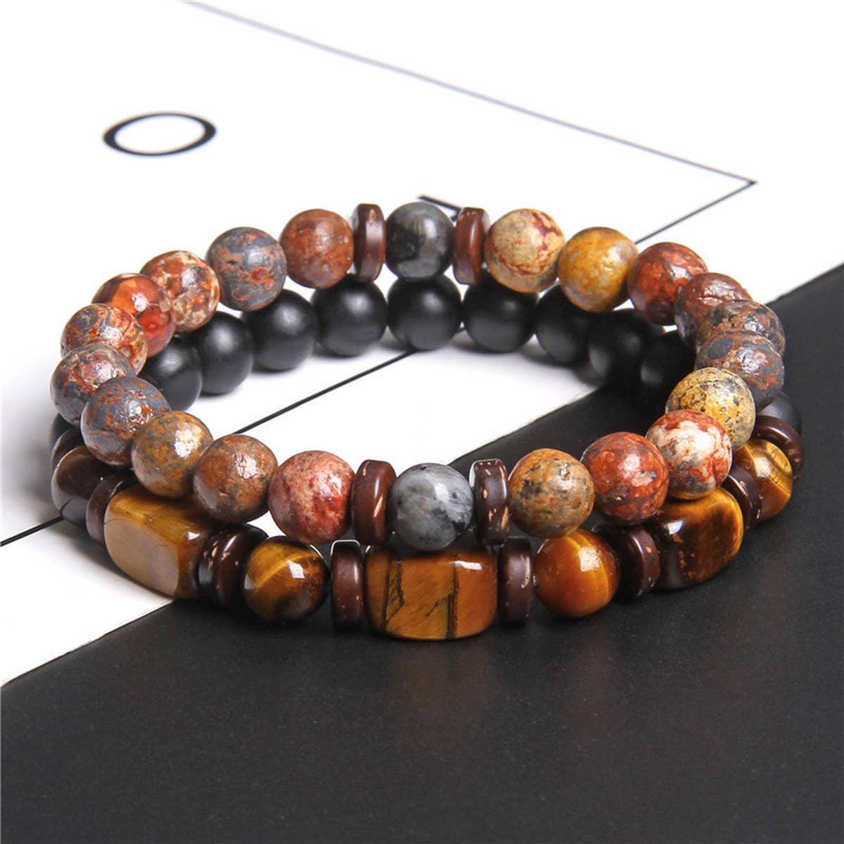 CWAJE4218_MEN'S TIGER EYE BEAD DOUBLE LAYER BRACELET