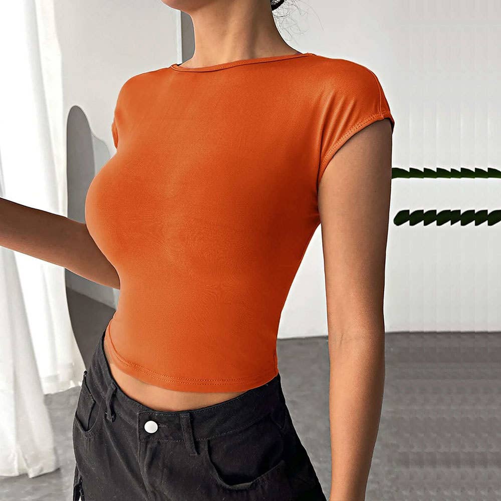 Sexy backless slim knit short-sleeved T-shirt