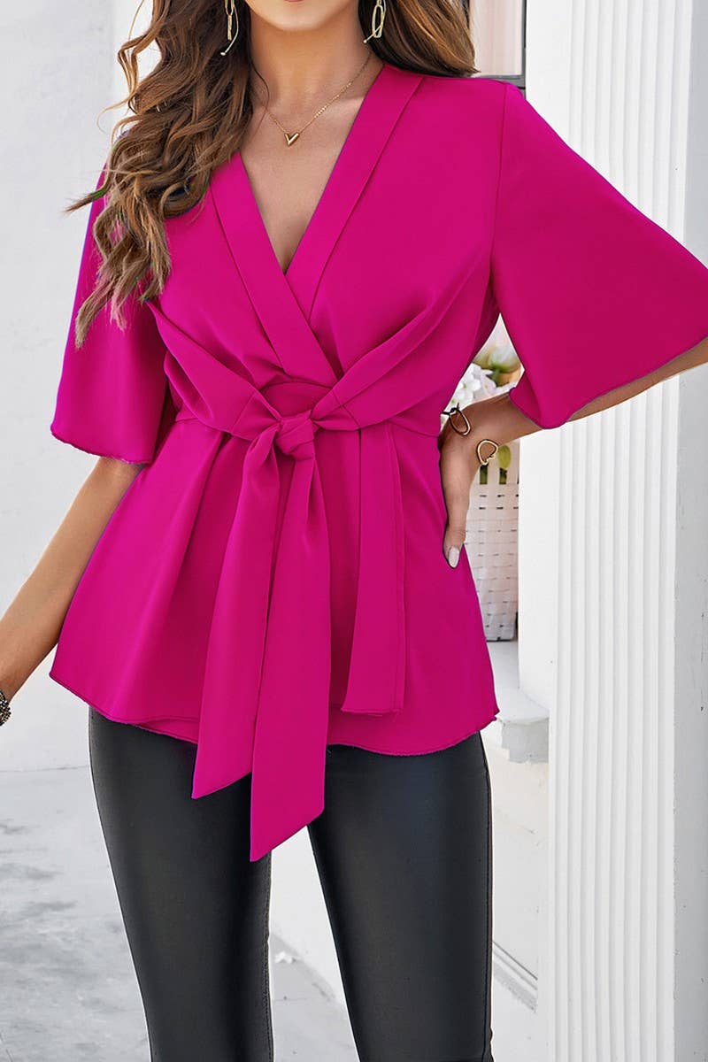 SOLID COLOR ELEGANT SHORT SLEEVED BELTED TOP_CWTSTS0323