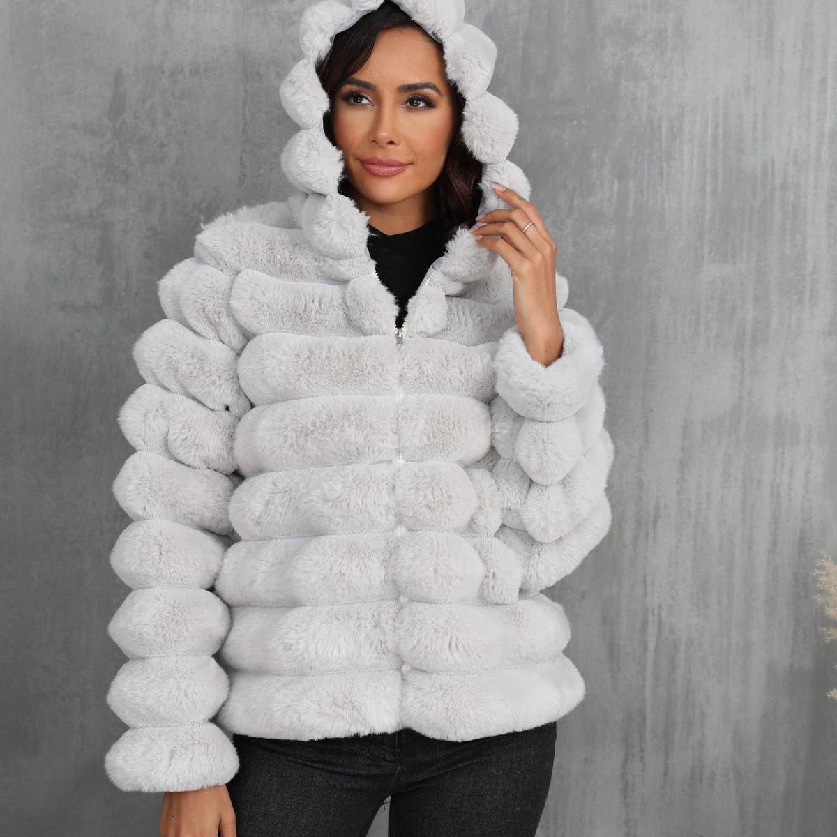 Women's Hooded Faux Fur Striped Short Coat