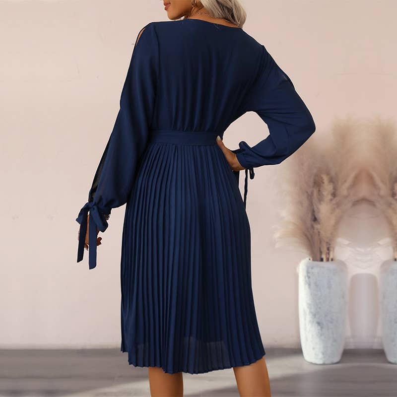 TEMPERAMENT HOLLOW LONG SLEEVE SOLID COLOR DRESS