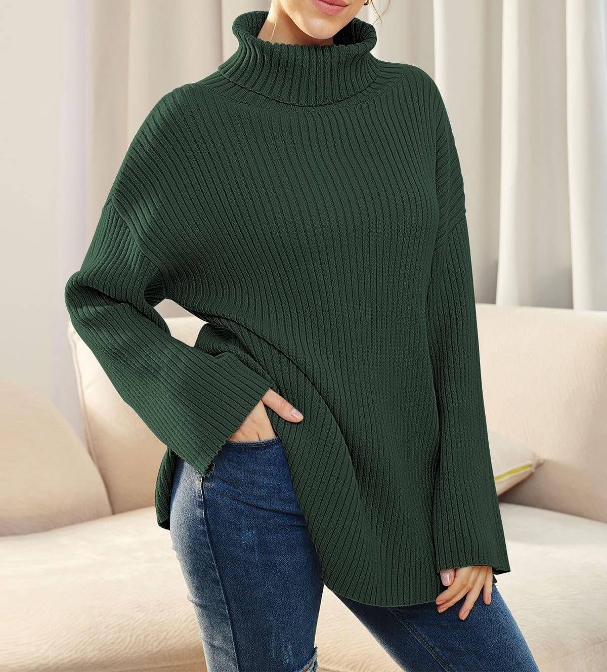 SPLIT TURTLENECK SOLID COLOR RIB KNIT SWEATER