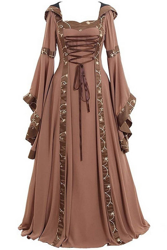 CWDMD01237_VINTAGE HOODED SQUARE NECK RUFFLE FLARE DRESS