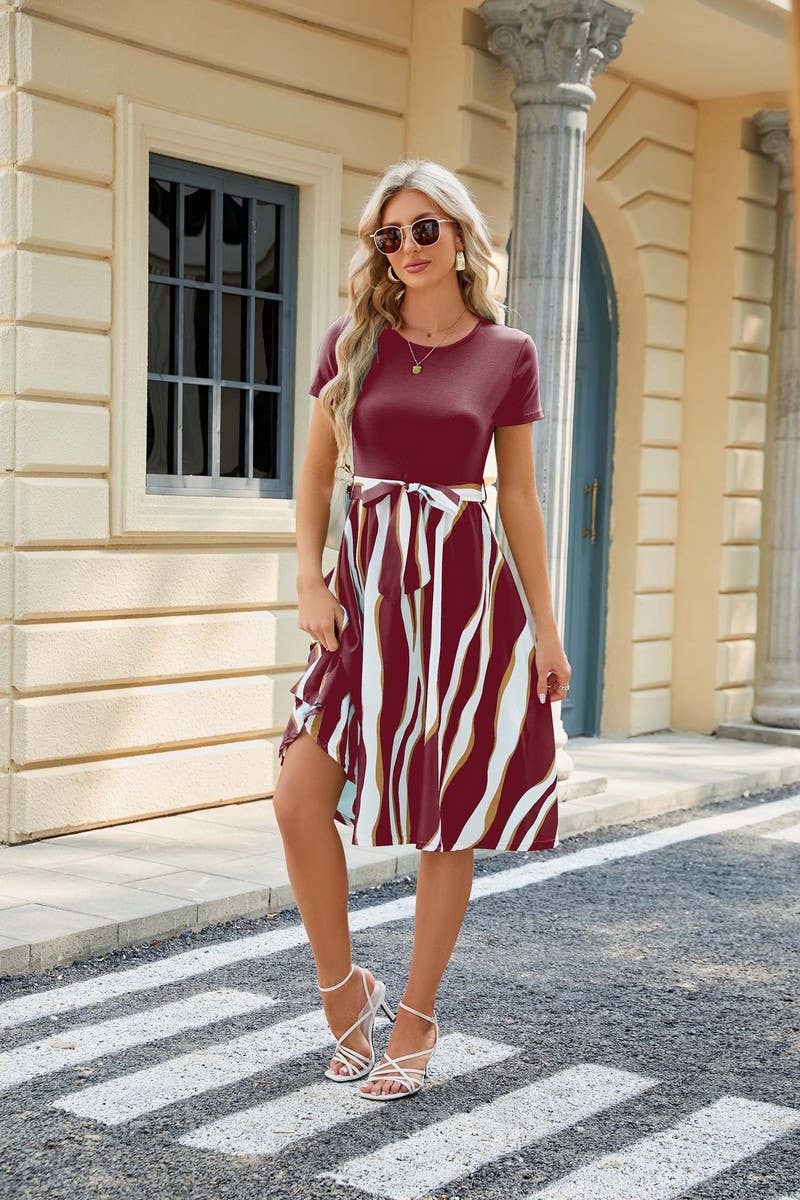 CWDSD3112_Round Neck Short Sleeve Contrast Print Dress