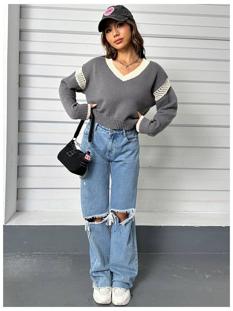 V-NECK LOOSE HOODIE LONG SLEEVE SWEATER