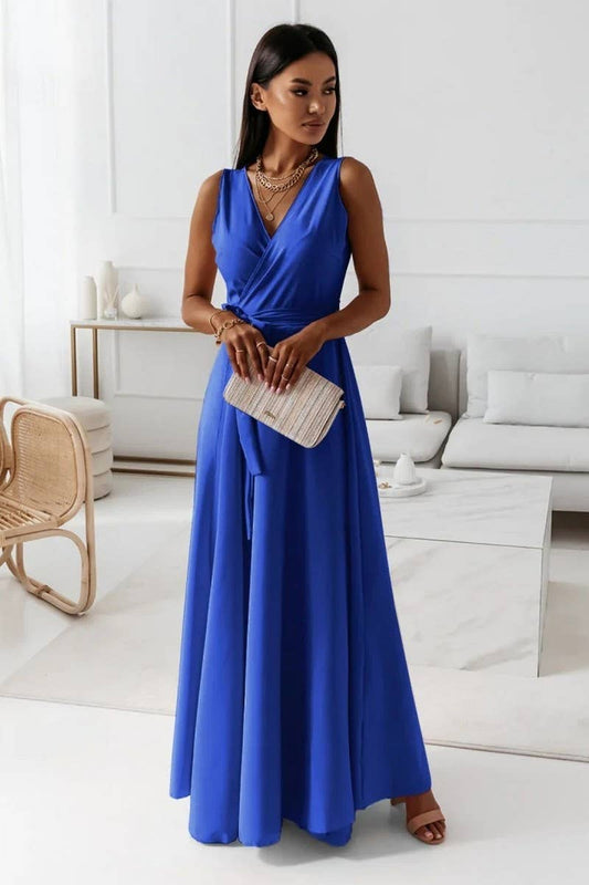 CWDMD4853_LACE-UP V-NECK LONG EVENING GOWN DRESS