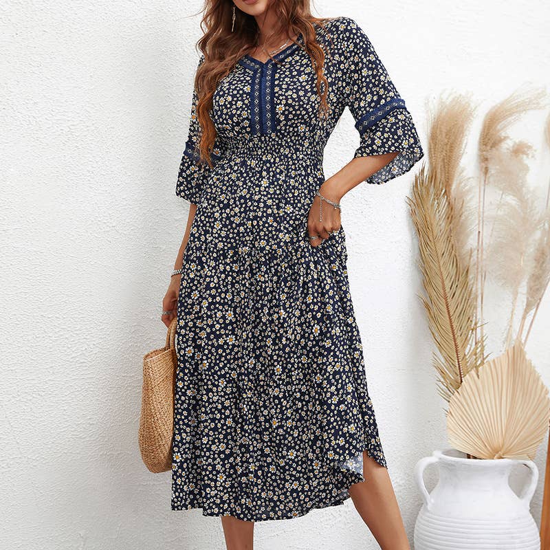 Stylish elegant socialite floral mid-length dress