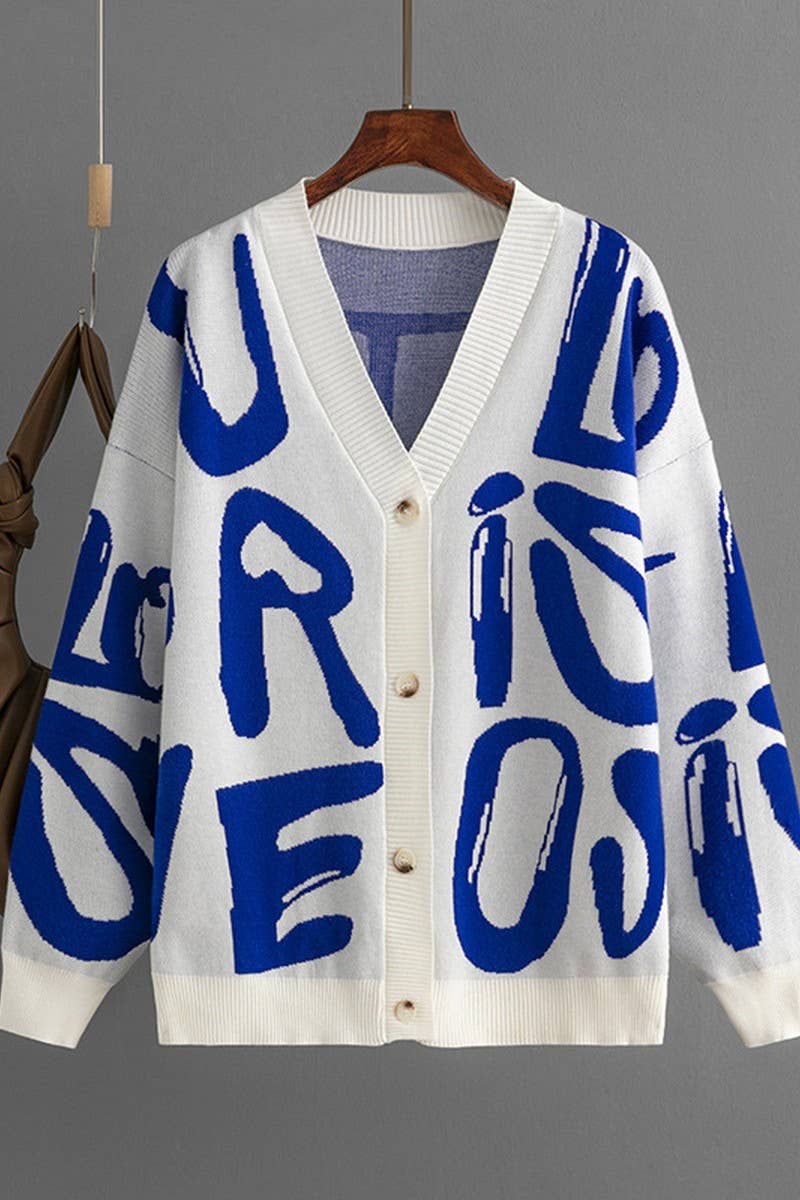 CWOCAL00668_LETTER JACQUARD SINGLE BUTTON KNIT CARDIGAN