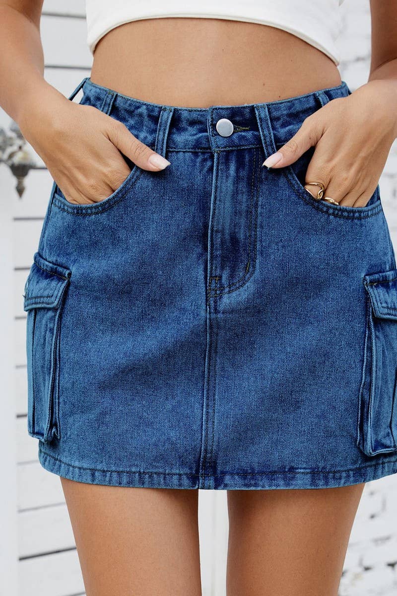 CWJSK00229_WASHED VINTAGE DENIM WORK POCKET SKIRT