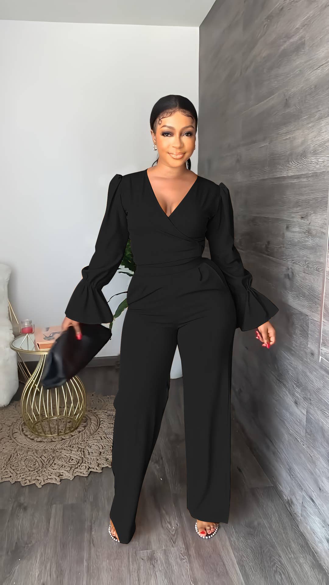 TWO-PIECE V-NECK FLARED SLEEVE TOP WIDE-LEG PANTS