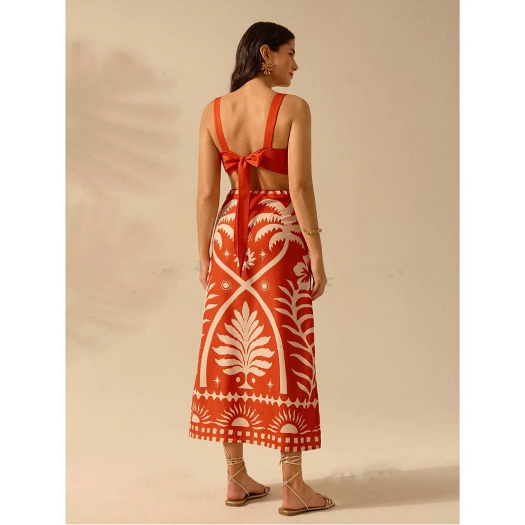 Printed short strappy top and long dress suit