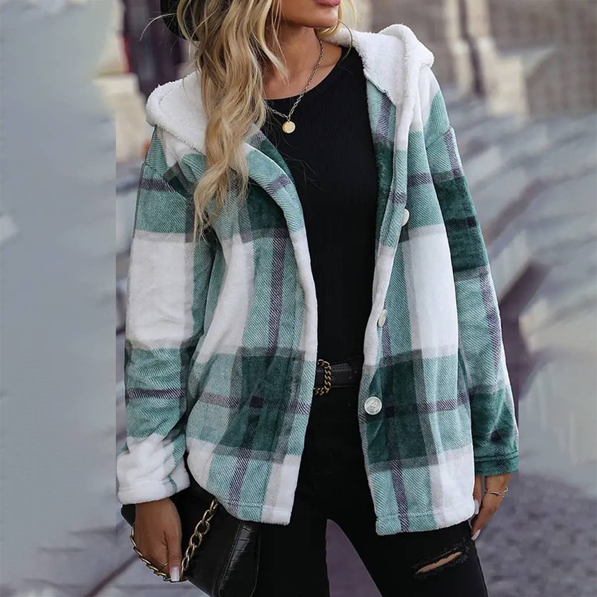 WOMEN HOODED LONG SLEEVED PLAID LOOSE JACKET_CWOCO0121